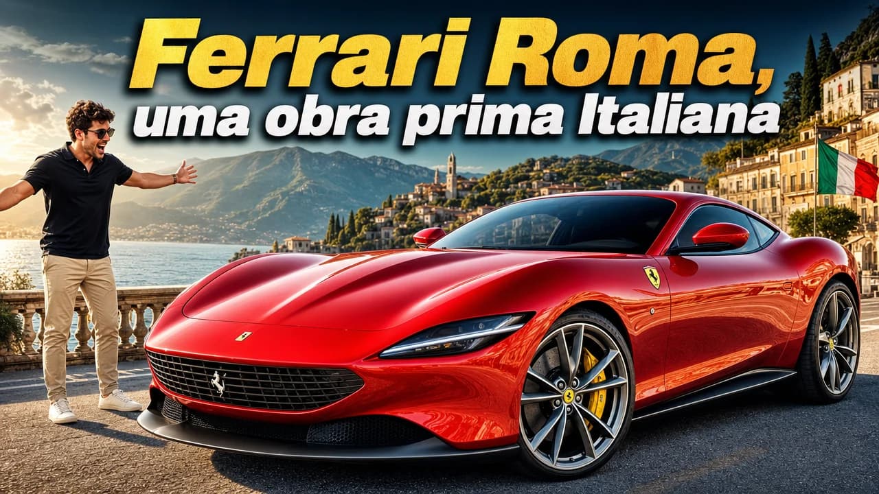 Thumbnail automotiva com apresentador ao lado de esportivo vermelho em cenário italiano.