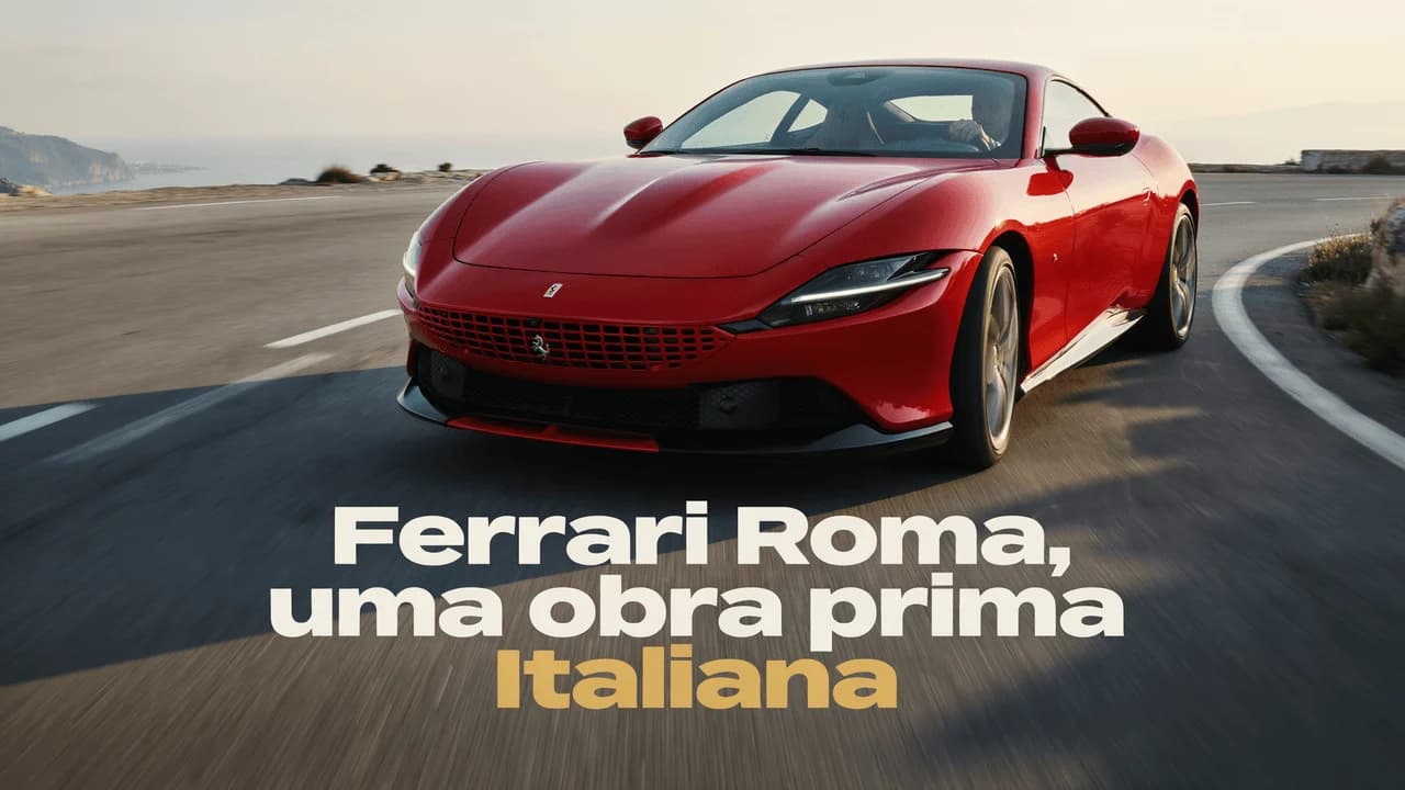 Thumbnail automotiva com esportivo em curva costeira e texto na parte inferior.