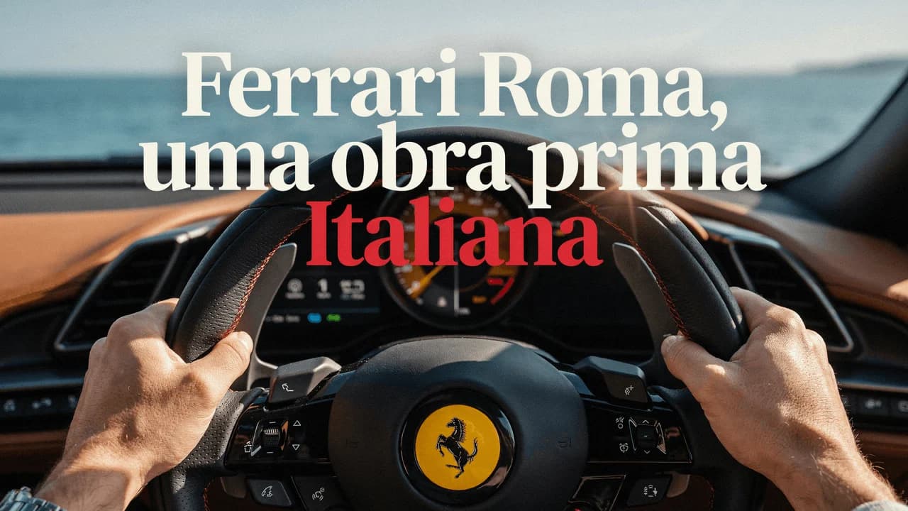 Thumbnail automotiva em primeira pessoa, com volante em destaque e título centralizado.