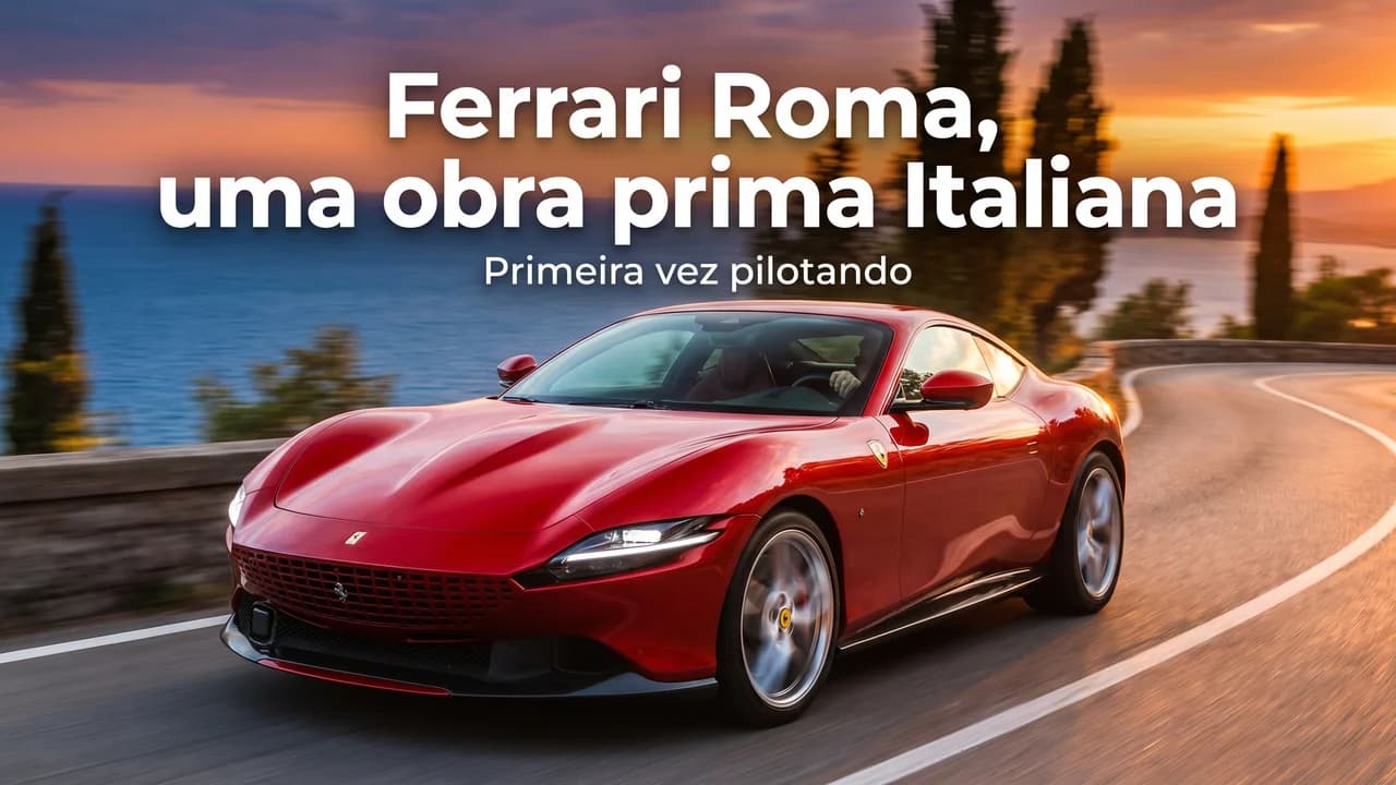 Thumbnail automotiva com esportivo em estrada ao entardecer e título no topo.