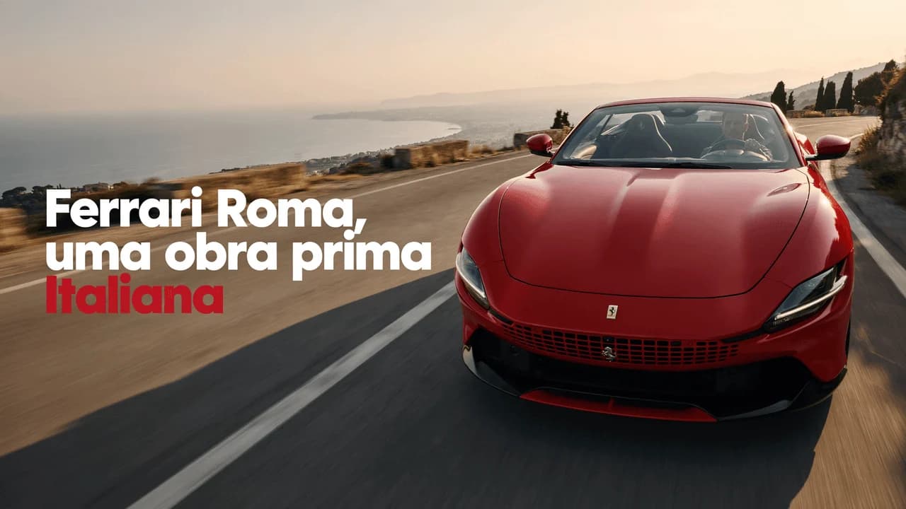 Thumbnail automotiva com conversível em estrada litorânea e texto alinhado à esquerda.