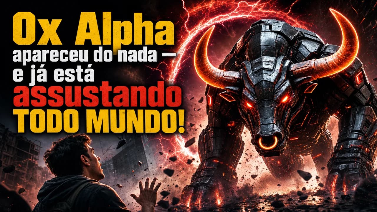 Thumbnail de tecnologia com touro robótico em cenário destruído e chamada de alto impacto.