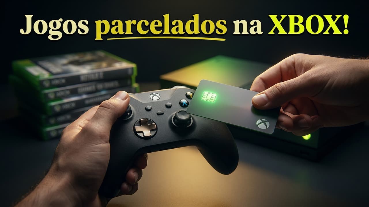 Thumbnail de games com console em destaque e texto curto.