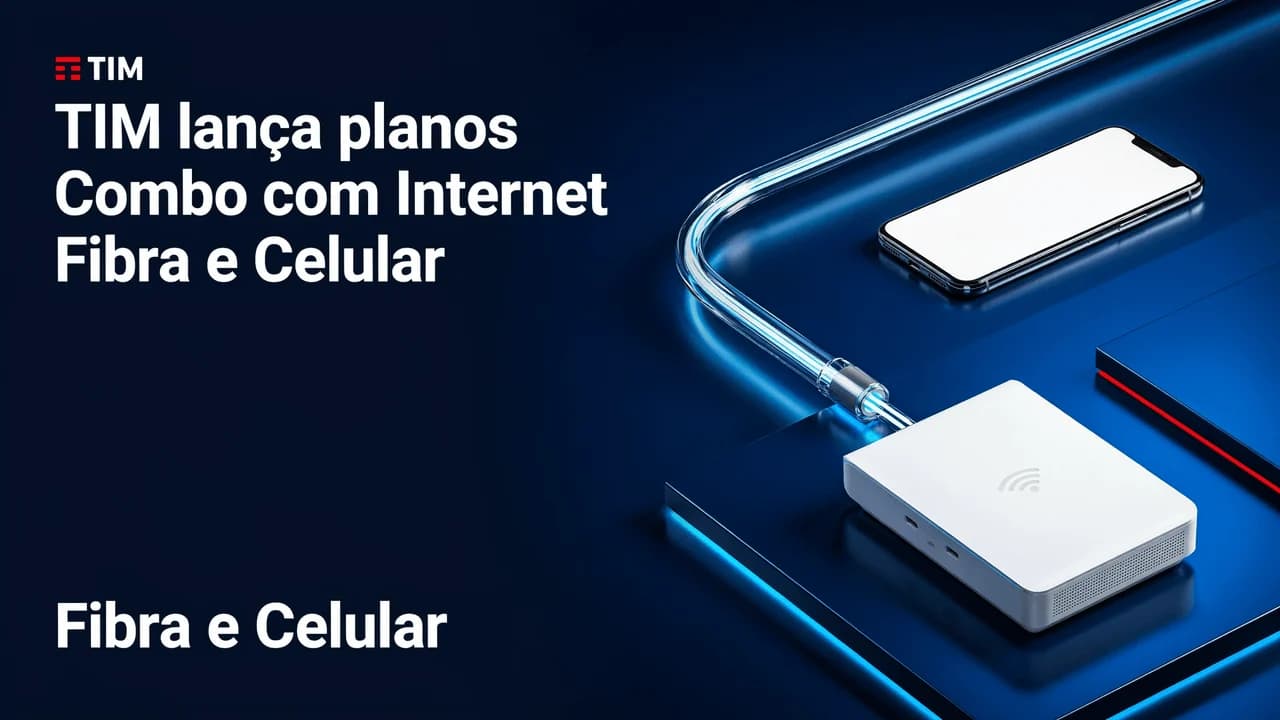 Thumbnail de telecom com produtos flutuando e linha de apoio no rodapé.