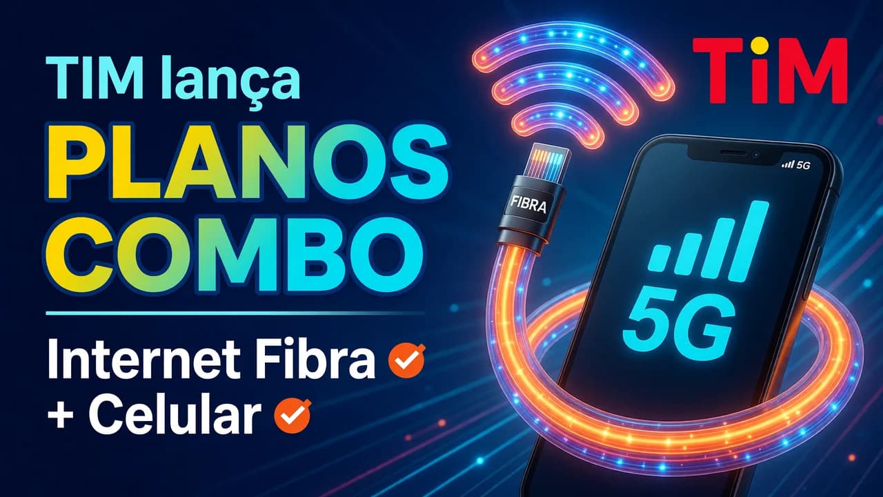 Thumbnail de marketing de telecom com celular 5G, cabo de fibra e tipografia em blocos.