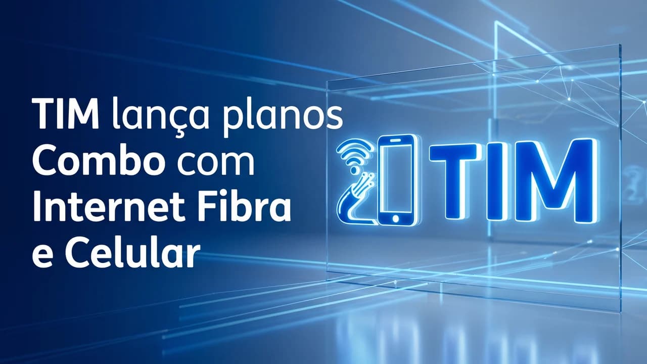 Thumbnail de telecom em azul claro, com painel geométrico e logotipo em destaque.