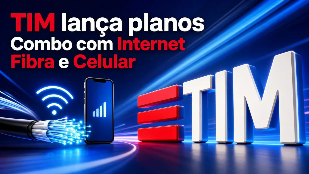 Thumbnail de telecom com letreiro tridimensional e composição em azul e vermelho.