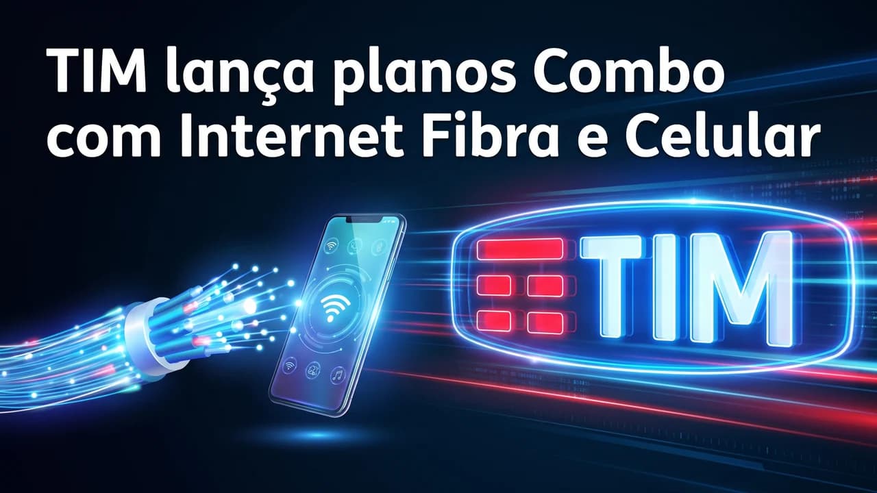Thumbnail de telecom com logotipo em destaque, cabo de fibra e celular ao centro.