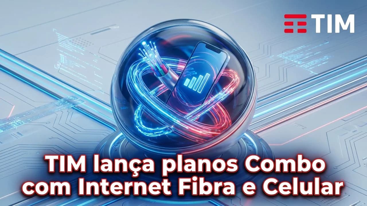 Thumbnail de telecom com esfera de conexões luminosas e chamada na base.
