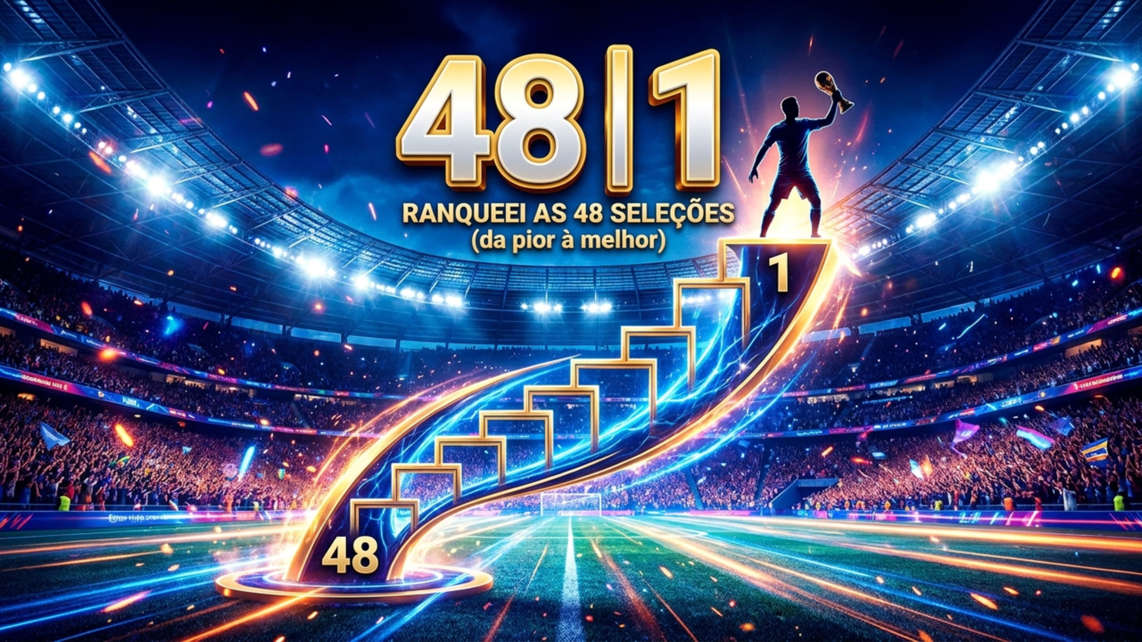 Thumbnail editorial de esportes com ranking de seleções e tipografia condensada.