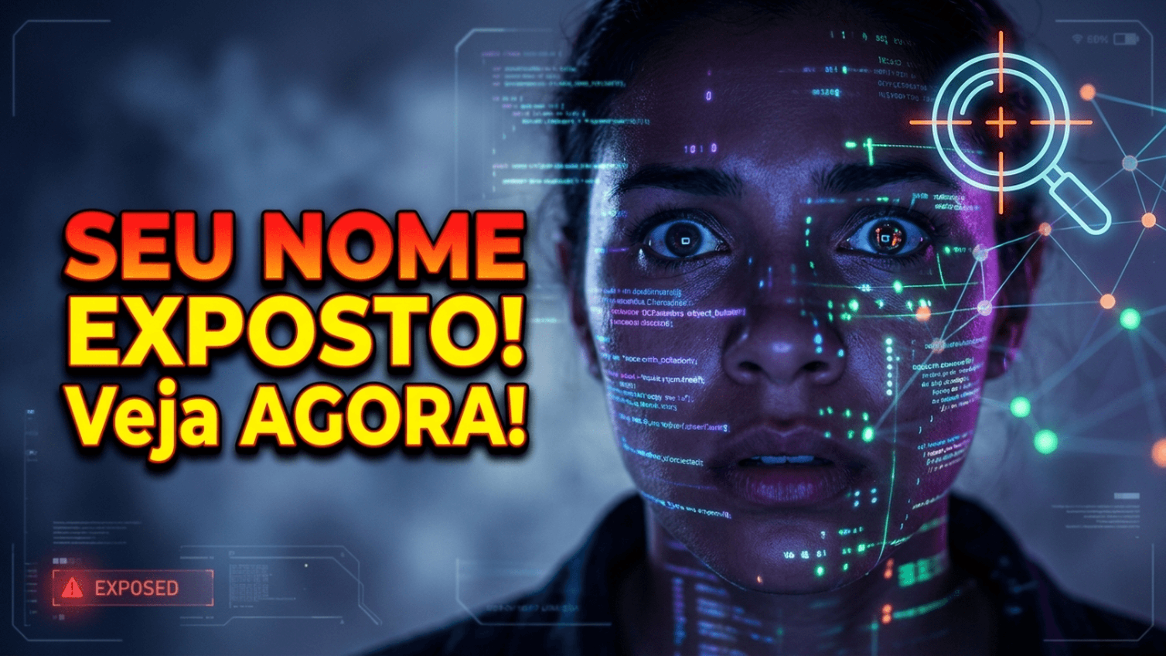 Thumbnail de tecnologia com apresentador em primeiro plano e interface digital ao fundo.