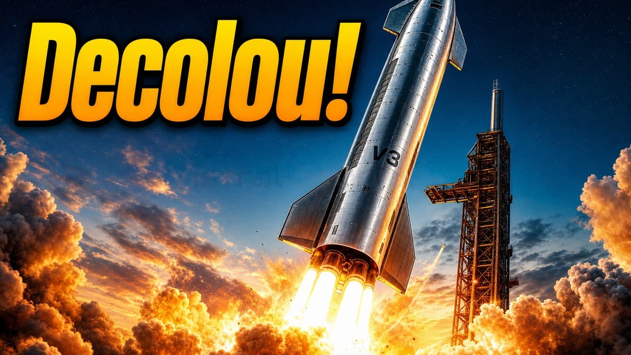 Thumbnail de lançamento de foguete com fumaça, chamas e alto contraste.