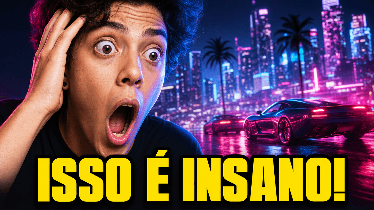 Thumbnail de GTA VI com personagem surpreso, carros e o texto Isso é insano
